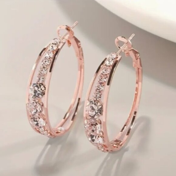 Rose Gold Jewelry - Rose Gold Rhinestone Hoop Earrings NEW